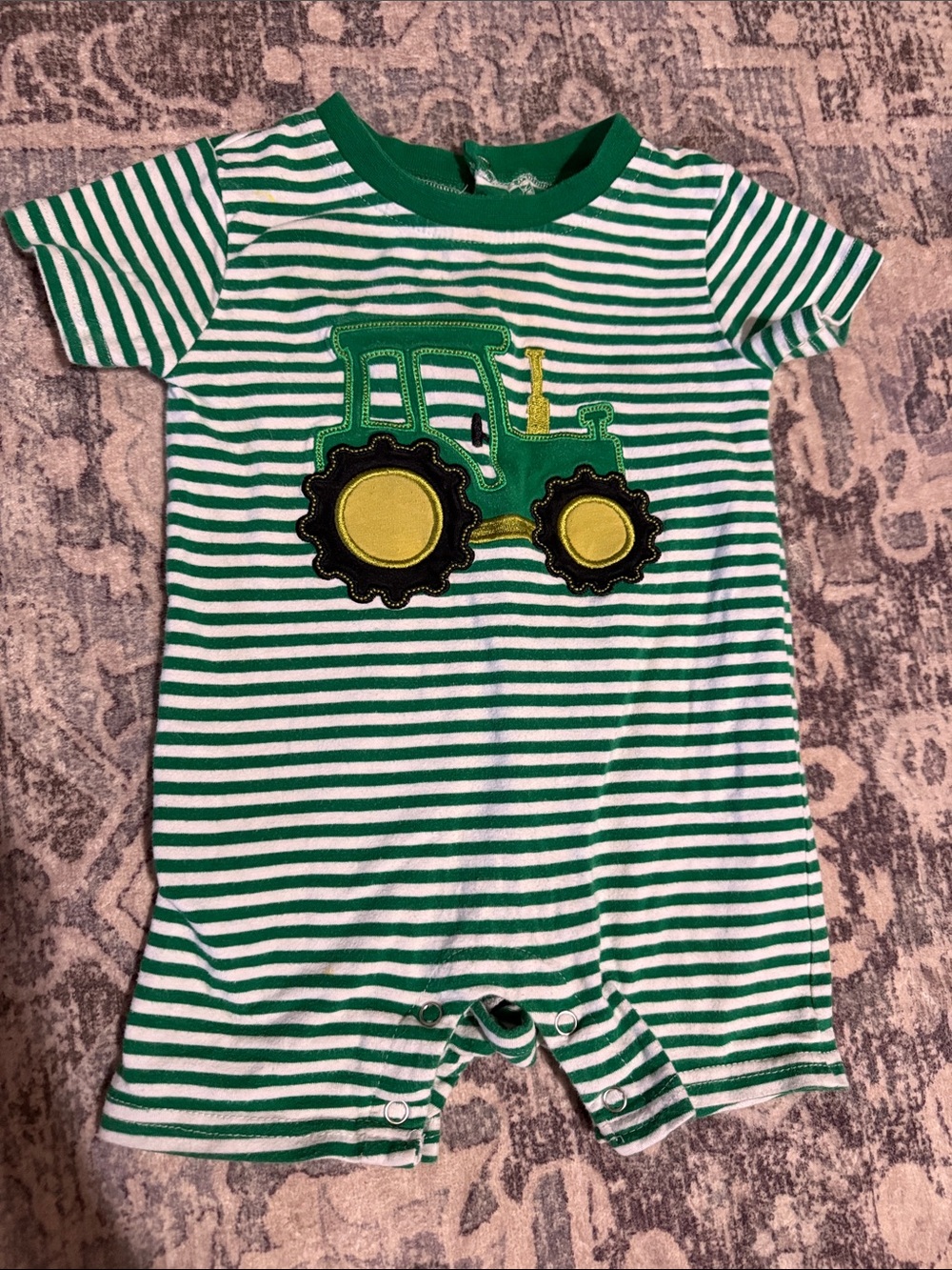 Jellybean Green Tractor Striped Appliqué Romper